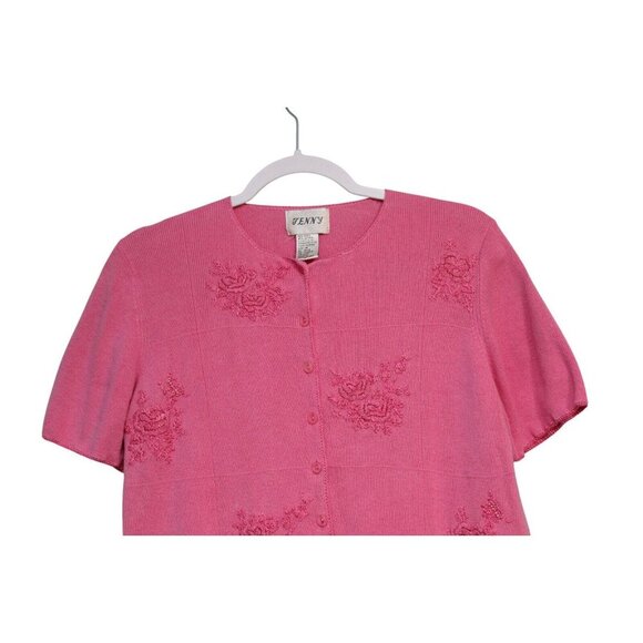 Vintage 90s Knit Cardigan Sweater Medium Pink Floral Embroidered Feminine Ramie - Picture 2 of 8